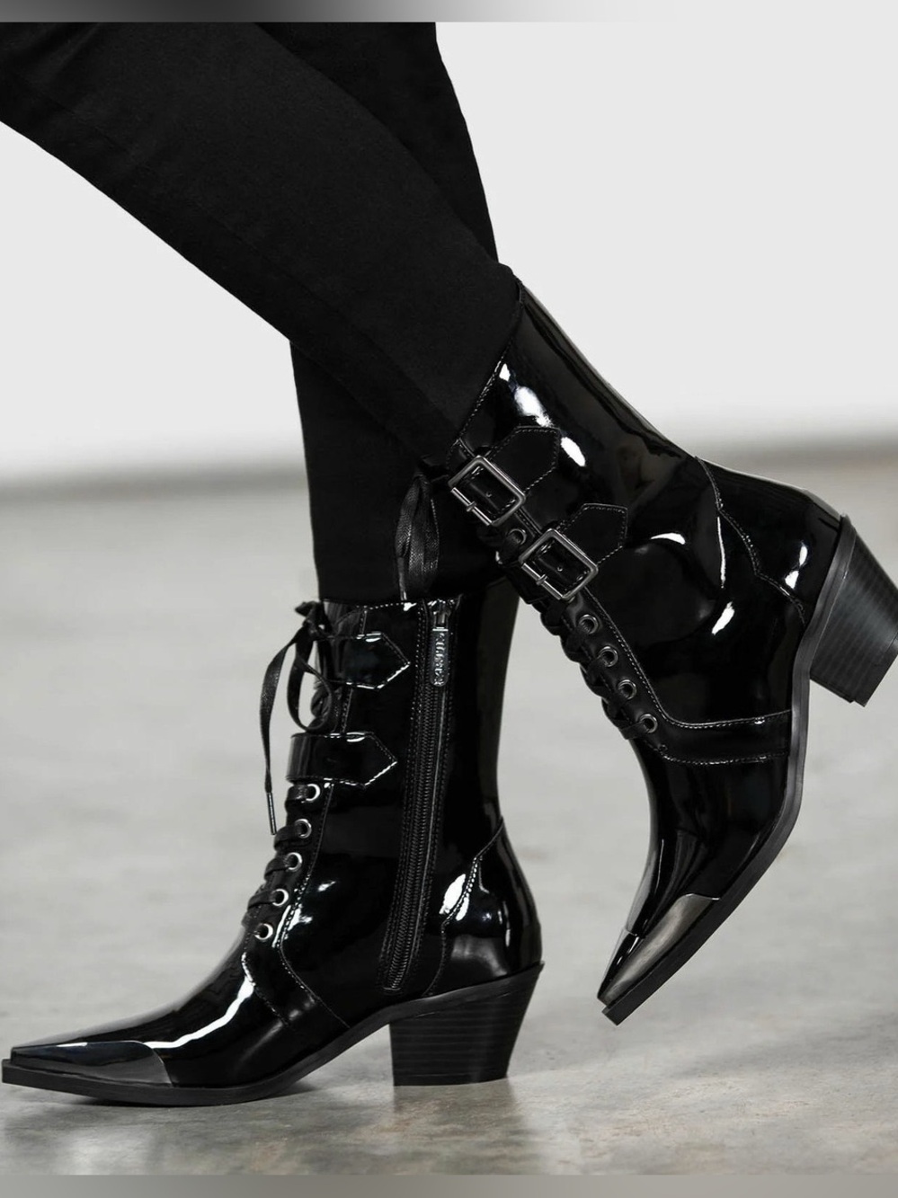 KILLSTAR Dark Sin Boots Womens 8 Black Patent Pointed Toe Buckle Goth Punk New